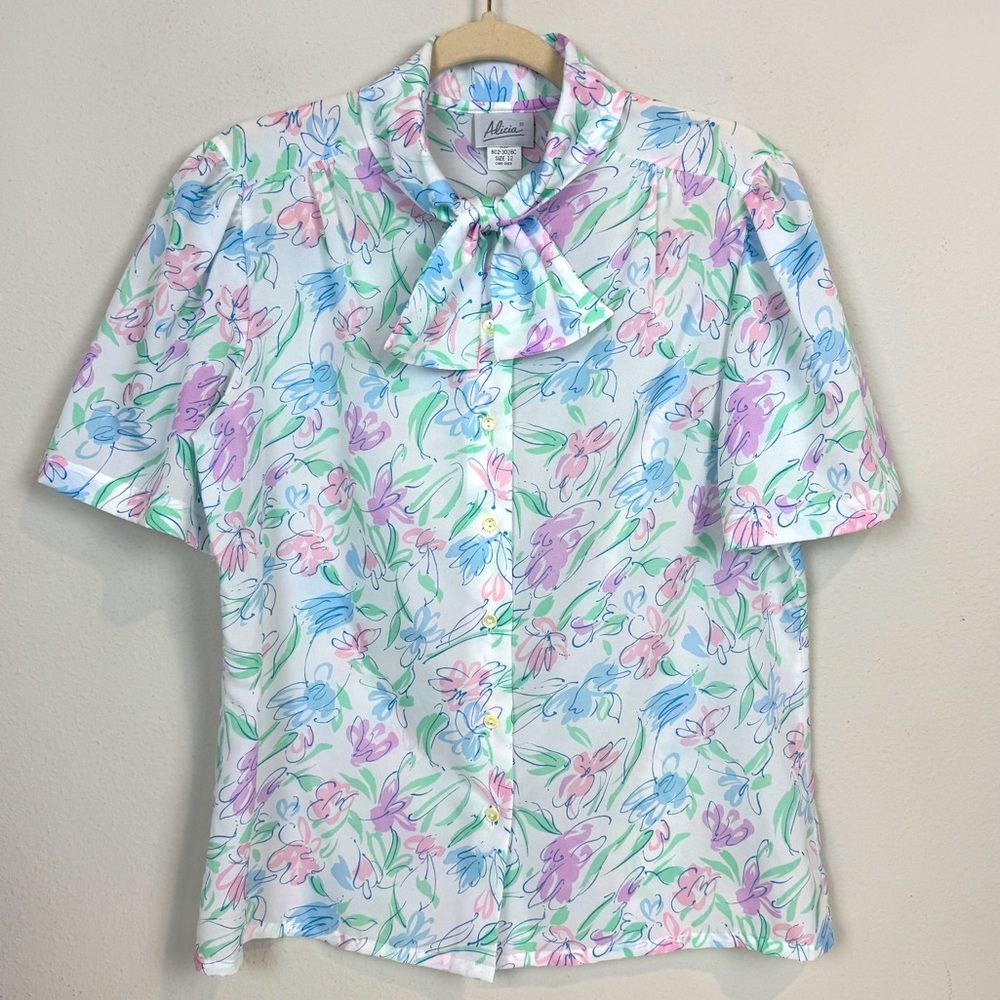 Vintage Lightweight Floral Tie Neck Short Sleeve Blouse USA Alicia 12